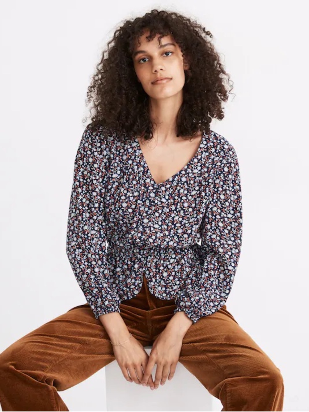 Madewell Silk Button-Front Peplum Peasant Top Boho Deep Navy | Size S